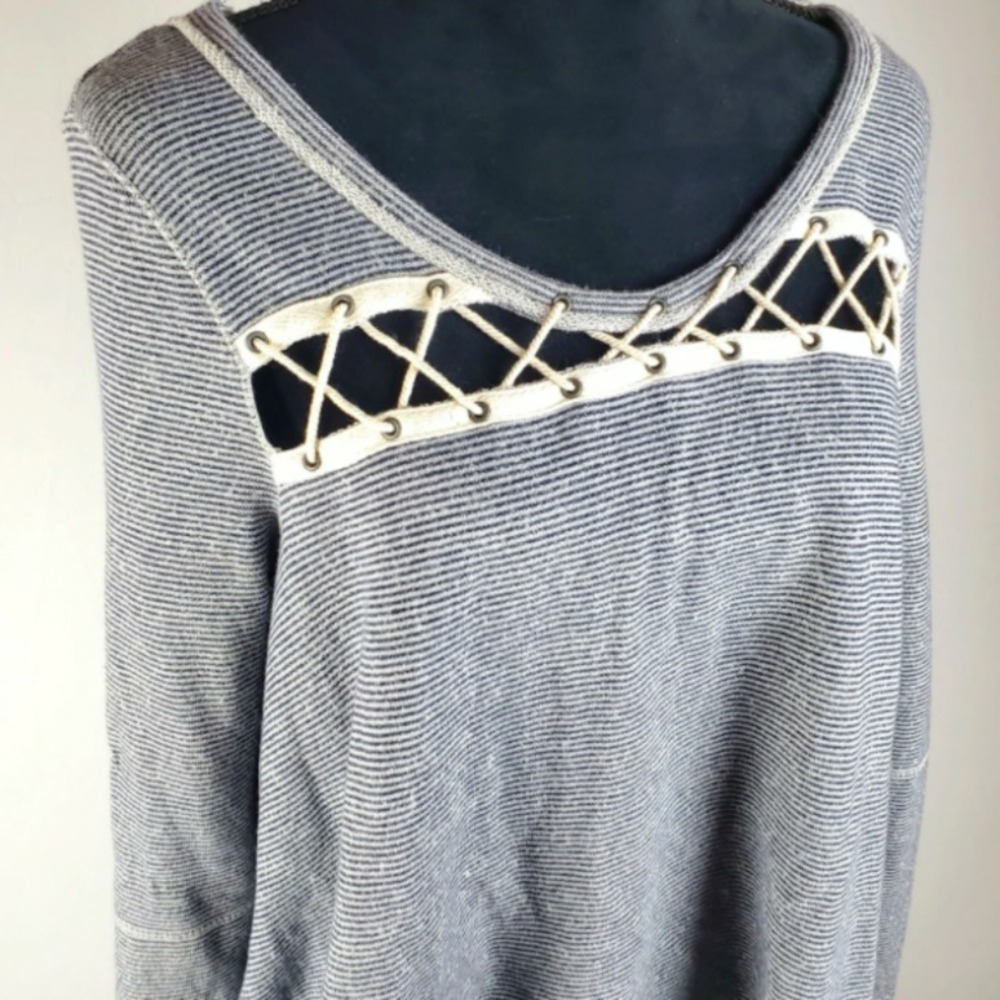 Free People Swing Lace Up Sweatshirt Women's Size Small Navy Blue Ivory Striped - Picture 4 of 7